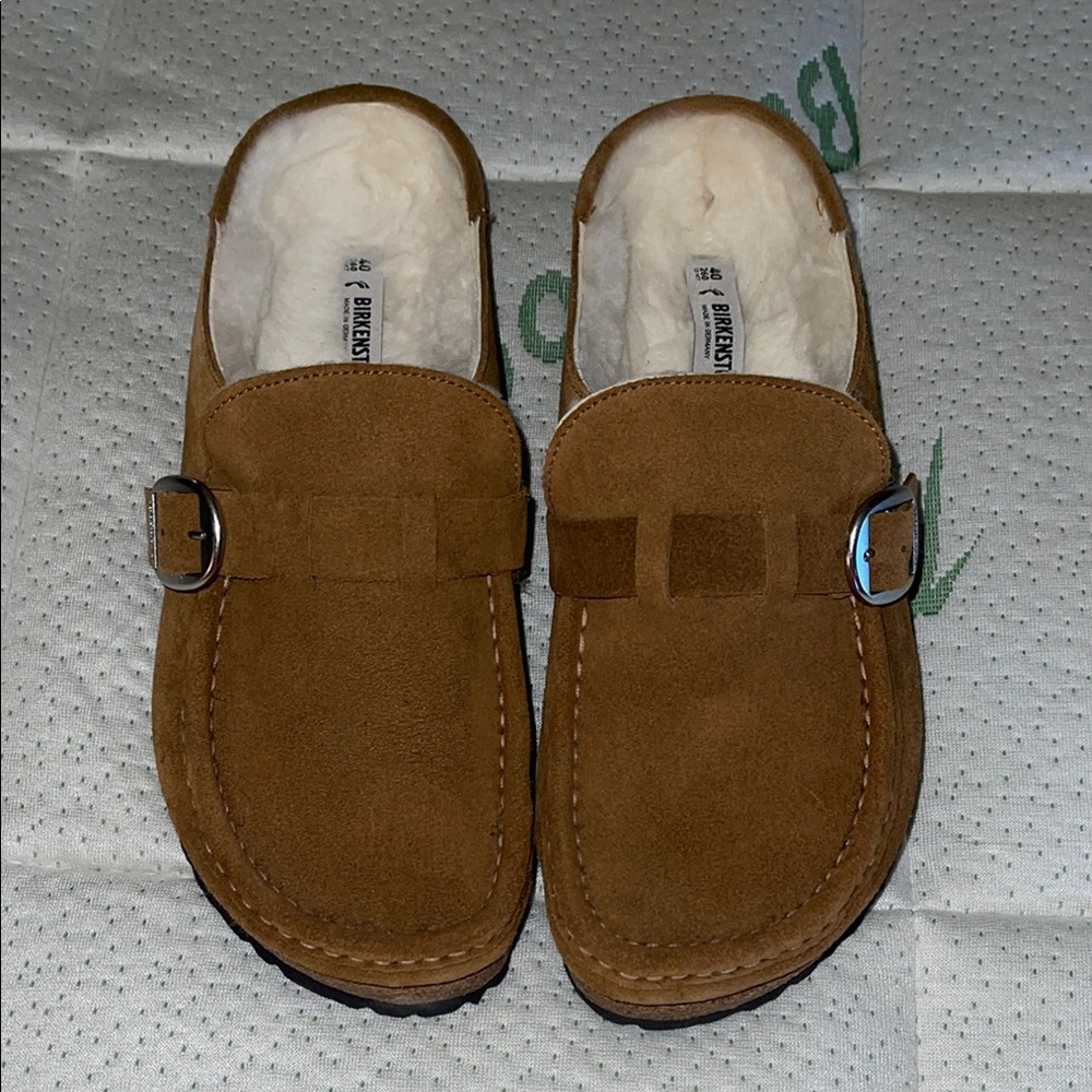 Birkenstock Tan Suede Clogs with Buckle